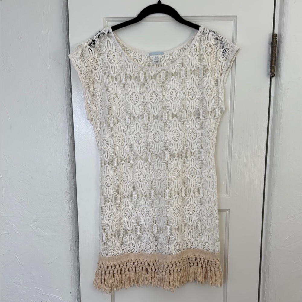 Cream Lace Dress with Fringe Hem